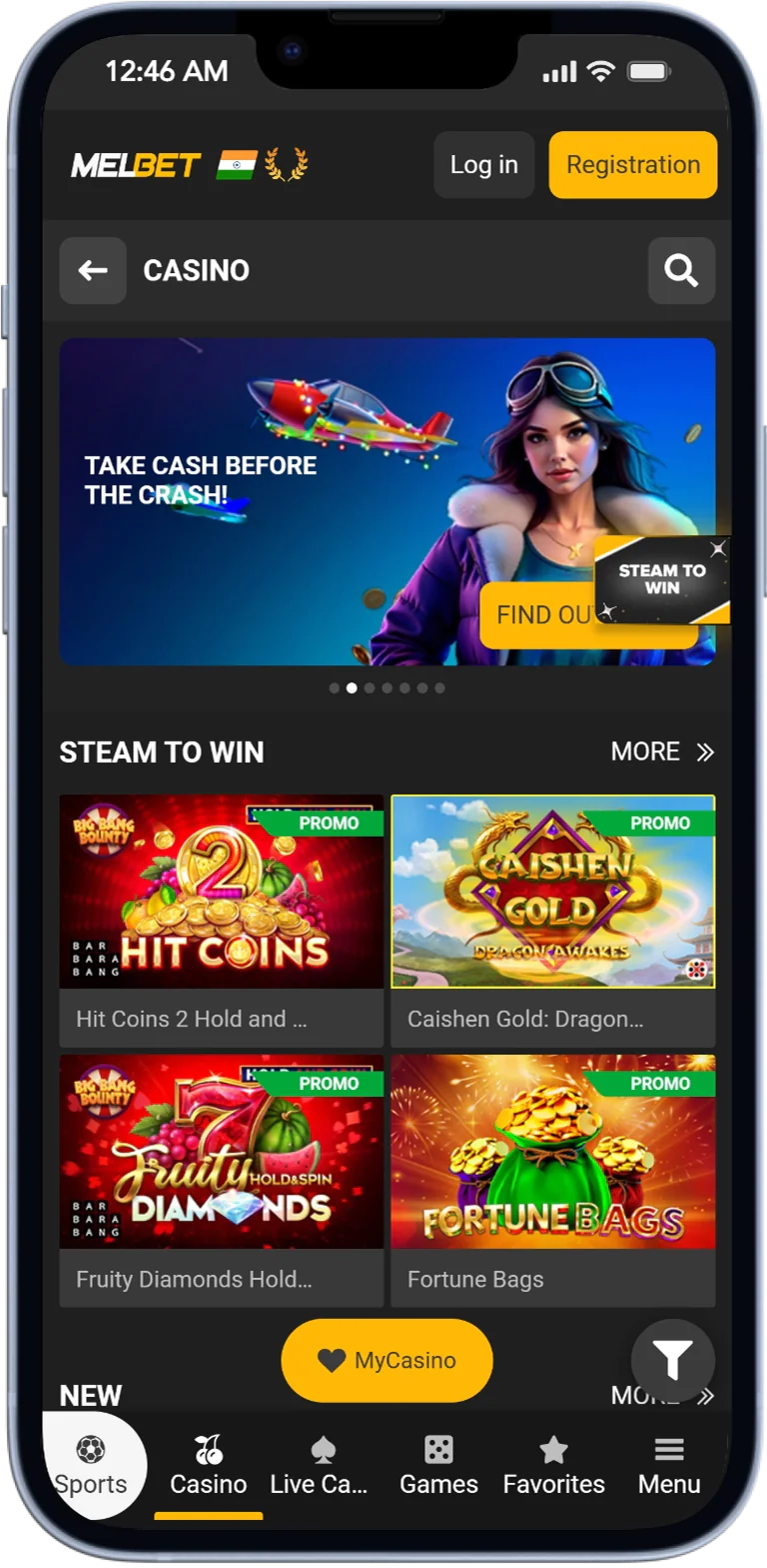 Screenshot of the Melbet App Casino Page