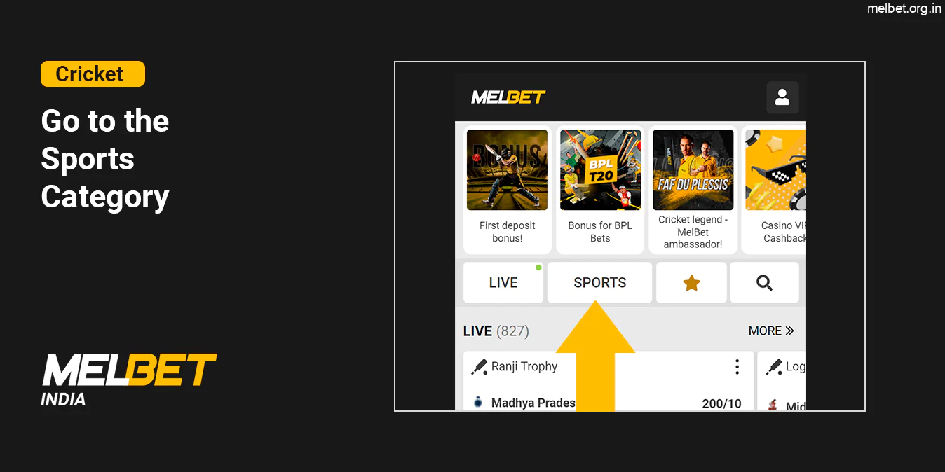 Go to Cricket Category using Top Menu - Melbet